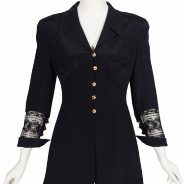 Gemma Kahng 1990s Lace Inset Black Silk Crepe Vintage Jacket Sz S 