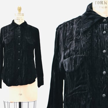 70s 80s Black Velvet Shirt Crushed Velvet Button Down Shirt Size Small Medium// Vintage Black Velvet Shirt Small medium Button Down 