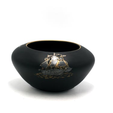 vintage Black Basalt Bowl or Vase Satin Finish with Silver Ships 