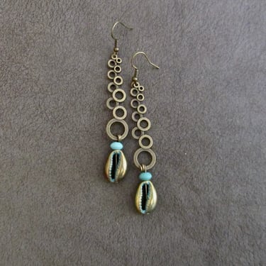 Mid century modern blue patina cowrie shell antique bronze earrings 