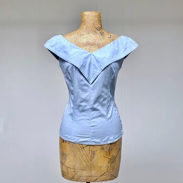 Vintage 1950s Blue Cotton Rockabilly Blouse, V Neck Wide Collar Fitted Top by Adelaar, 50s Summer Fashion, 36