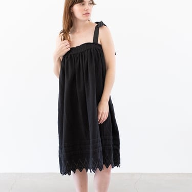 Vintage Black Cotton Swiss Dot Eyelet Dress | Tie Up Summer Slip Nightgown Beach Dress | S M | 