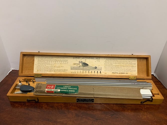 Vintage Keuffel & Esser Lettering Set Drafting , Wooden Case 