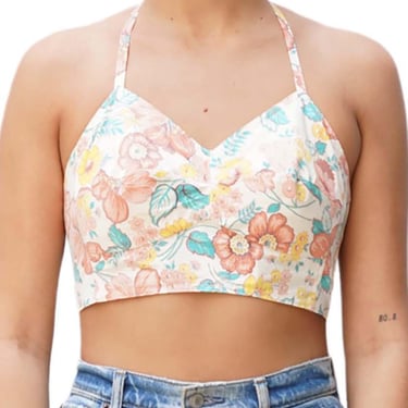 Morphew Collection White, Peach  Blue Floral Bustier With Adjustable Straps 