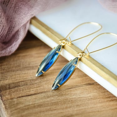 blue sapphire crystal earrings, Swarovski earrings, Regency Art Deco marquise kidney drop earrings, gift for her, September birthstone 