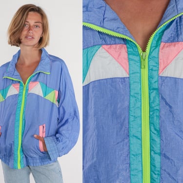 90s Windbreaker Blue Zip Up Jacket Geometric Triangle Print Warmup Retro Lightweight Shell Nylon Track Jacket Streetwear Vintage 1990s Large 