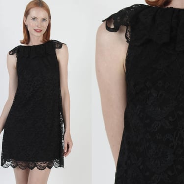 50s Black Illusion Dress Vintage MCM Lace Cocktail Party Gown Minimalist Loose Shift Dress 