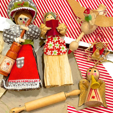 VINTAGE: 6pcs - Wooden Natural Fiber Ornaments - Holiday, Christmas - Crafts - SKU Tub-399-00034605 