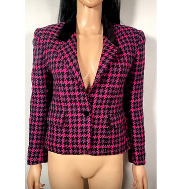 Vintage 80s Purple And Pink Houndstooth Wool Cropped One Button Blazer With Velvet Collar Made In USA Size XS/S 