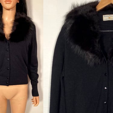 Vintage 50s/60s Black Fur Collar Cardigan Size M 