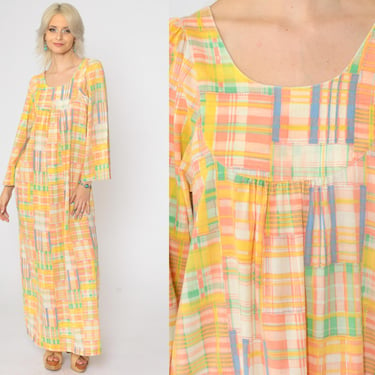 70s Maxi Caftan Dress Patchwork Plaid Wide Sleeve Boho 1970s Bohemian Hippie Festival Vintage Yellow Peach Small 