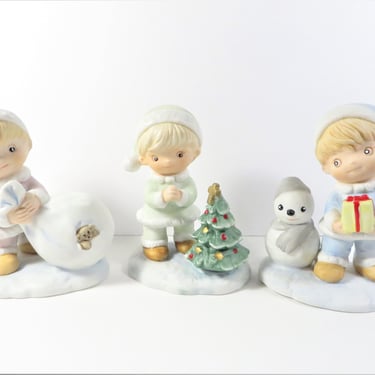 Vintage Homco 5613 Christmas Gift Children  - Set of 3 Homco Porcelain Bisque Christmas Girls and Boys 