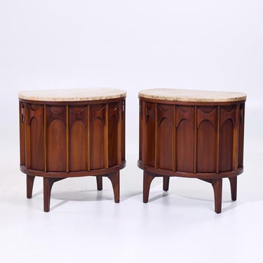 Kent Coffey Perspecta Mid Century Walnut Rosewood Marble Top Nightstands - Pair - mcm 