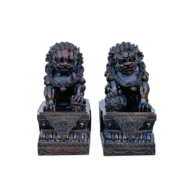 Pair Chinese Dark Brown Bronze Metal Foo Dog Lion Fengshui Figures ws4200E 