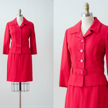 red wool suit | 50s 60s vintage Miller & Rhoads bright red wool academia style skirt suit 