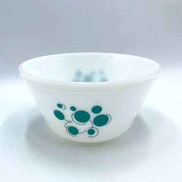 Federal Atomic Dot Mixing Bowl, Blue, Teal, Turquoise Dots, Milk Glass, Largest Bowl in Set, Vintage Mid Century Nesting Bowl 
