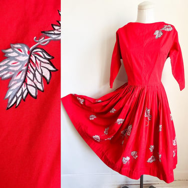 Vintage 1950s Red Leaf Dress / XS 