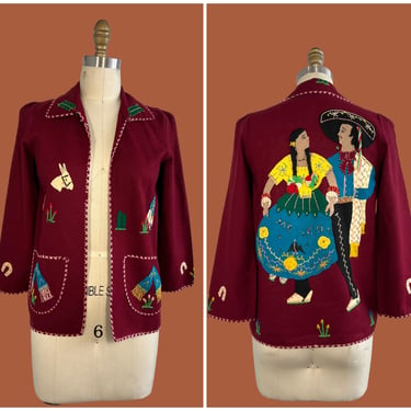 FIESTA WEAR Vintage 40s 50s Jacket | Mexican Tourist Souvenir Top by Lopez | Felt Appliqué | Rockabilly, Southwestern | Sz Petite Small 