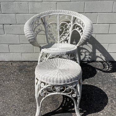 2pc Antique Wicker Fiddlehead Chair Victorian Armchair and Footstool Heywood Wakefield Style Woven Seating Coastal Indoor Outdoor Furniture 