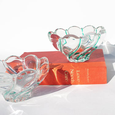 Set of 2 Mikasa Peppermint Green Swirl Candy Dish, Vintage Glassware, Swirl Crystal Green & Clear Candy Bowl 