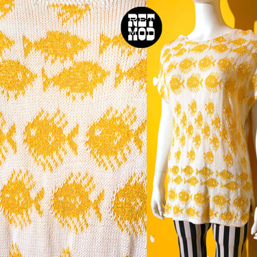 Fun Vintage 70s 80s Yellow White Woven Knit Long Top 