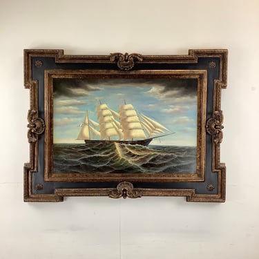 Clipper Ship Large Nautical Painting in Ornate Gilt Wooden Frame 