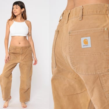 Double Front Carhartt Pants 90s Tan Jeans Utility Pants Workwear Carpenter Cargo Straight Leg Double Knee Vintage 1990s Men's 36 x 30 Large 