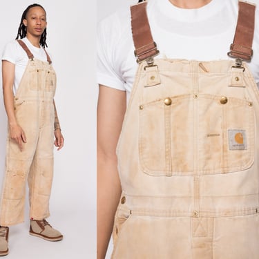 90s Carhartt Insulated Quilt Lined Overalls - Men's Large | Vintage Faded Tan Distressed Workwear Jumpsuit 
