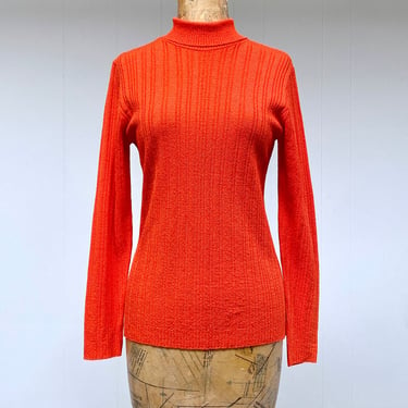 Vintage 1970s Orange Acrylic Pullover Sweater, 70s Ribbed Turtleneck Knit Top, Medium 
