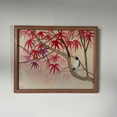 1980's Vintage Herubin Tropical Bird on the Branch Oil Painting, Framed 