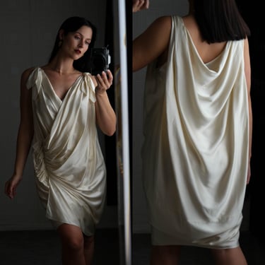DONNA KARAN Black Label Ivory Silk Romantic Ruche Pleated Drape Mini Dress | Made in USA | Y2K 2000s Designer Angelic Silk Evening Dress 