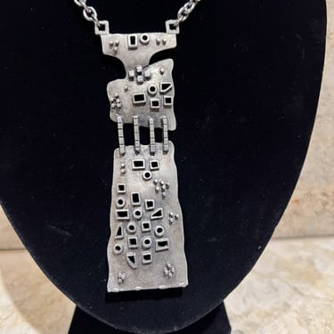 1970s Brutalist Chain Pendant Modernist Necklace in Pewter 