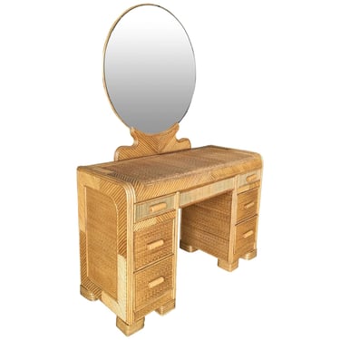 Restored Streamline Stick Rattan Vanity with Rice Coverings and Round Mirror 
