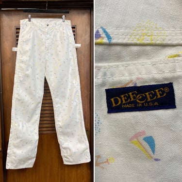 Vintage 1980’s w32 “Dee Cee” Nautical Print Cotton Denim Carpenter Work Jeans Sailboat Pants, 80’s Vintage Clothing 