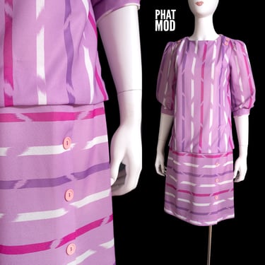 Cute Vintage 80s Light Purple Pink White Abstract Patterned Dress 
