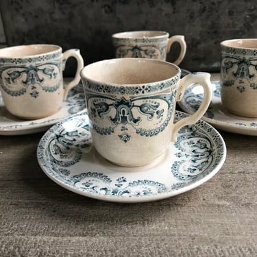 French Faïence Coffee Cup, Espresso, Blue White, Terre de Fer, Guirland, Garland Pattern, Tea Stained, 4 Available, Sold be Each 