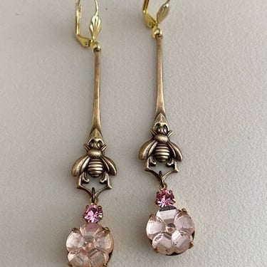 Art Deco 1920s Bohemian style Bees with pastel pink crystal long  earrings flapper by BakeliteBa