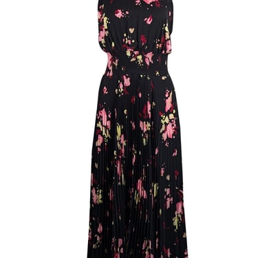 A.L.C. - Black w/ Pink Floral Print Pleated Satin Mock Neck Dress Sz 8