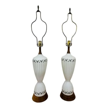 Mid-Century Danish Modern Glass & Walnut Table Lamps - Set of 2 
