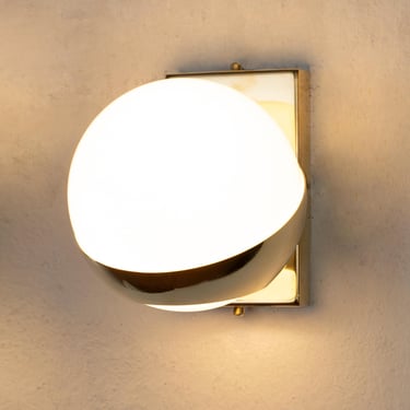 Wall sconce white Murano glass sphere and brass frame, handmade Space Age lamps Made in Italy 