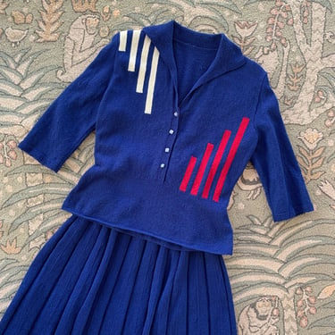 1940s Blue Knit Set with Geometric Design - Size M/L/XL