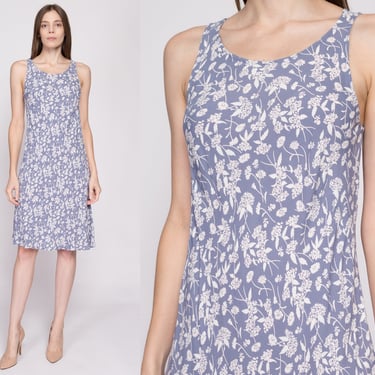 Medium Vintage Laura Ashley Floral Sundress | 90s Y2K Periwinkle Blue Bias Cut Sleeveless Tank Dress 