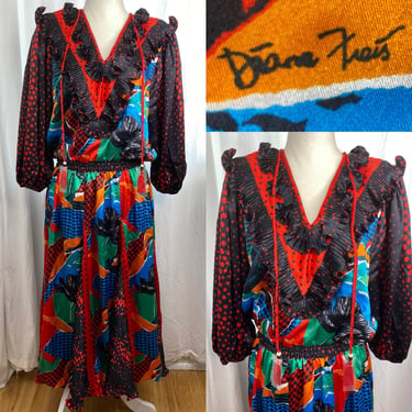 Vintage Diane Freis Georgette Polka Dot Geometric Dress w/Matching Scarf | Tassle Pom Pom Drop Waist Maxi Dress | Summer Flouncy Dress Boho 