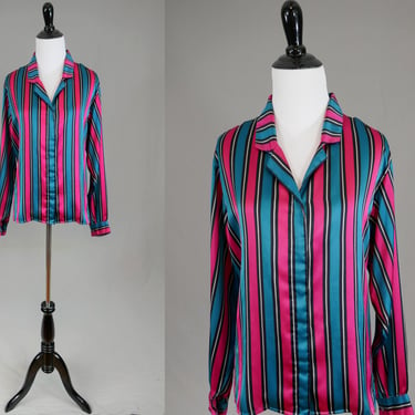 80s Striped Halston III Blouse - Pink Blue Black Silver Gray Stripes - Vintage 1980s - L 44