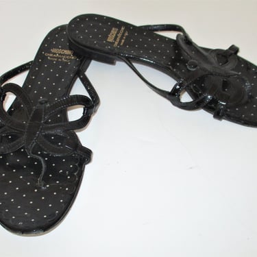 Vintage Moschino Strappy Butterfly Thong Sandals, Size 8 Women, black patent leather 