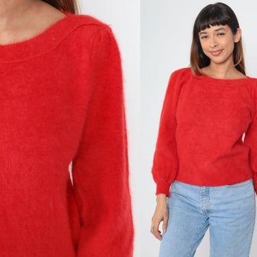 80s Angora Blend Sweater Red Puff Sleeve Sweater Boatneck Sweater Soft Fuzzy Knit Pullover Sweater 1980s Vintage Boat Neck Small 