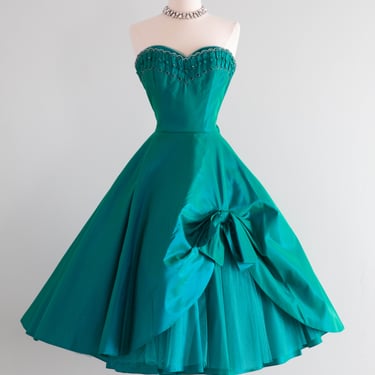 Spectacular 1950's Iridescent Peacock Green Strapless Party Dress / Small