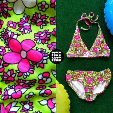Cute Vintage 60s 70s Neon Green & Pink Psychedelic Flower Bikini 