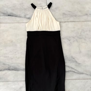 Vintage Jones Wear Dress Ivory Black Satin Sheath Empire Waist Womens 4P Formal 
