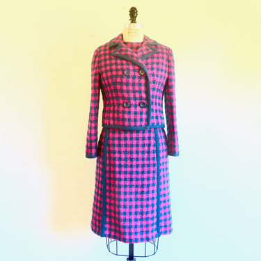 1960's Pink and Navy Blue Wool Boucle 3 Piece Jacket Top and Skirt Set Chanel Style 60's Fall Winter Suits Marshal Fields Size Small 